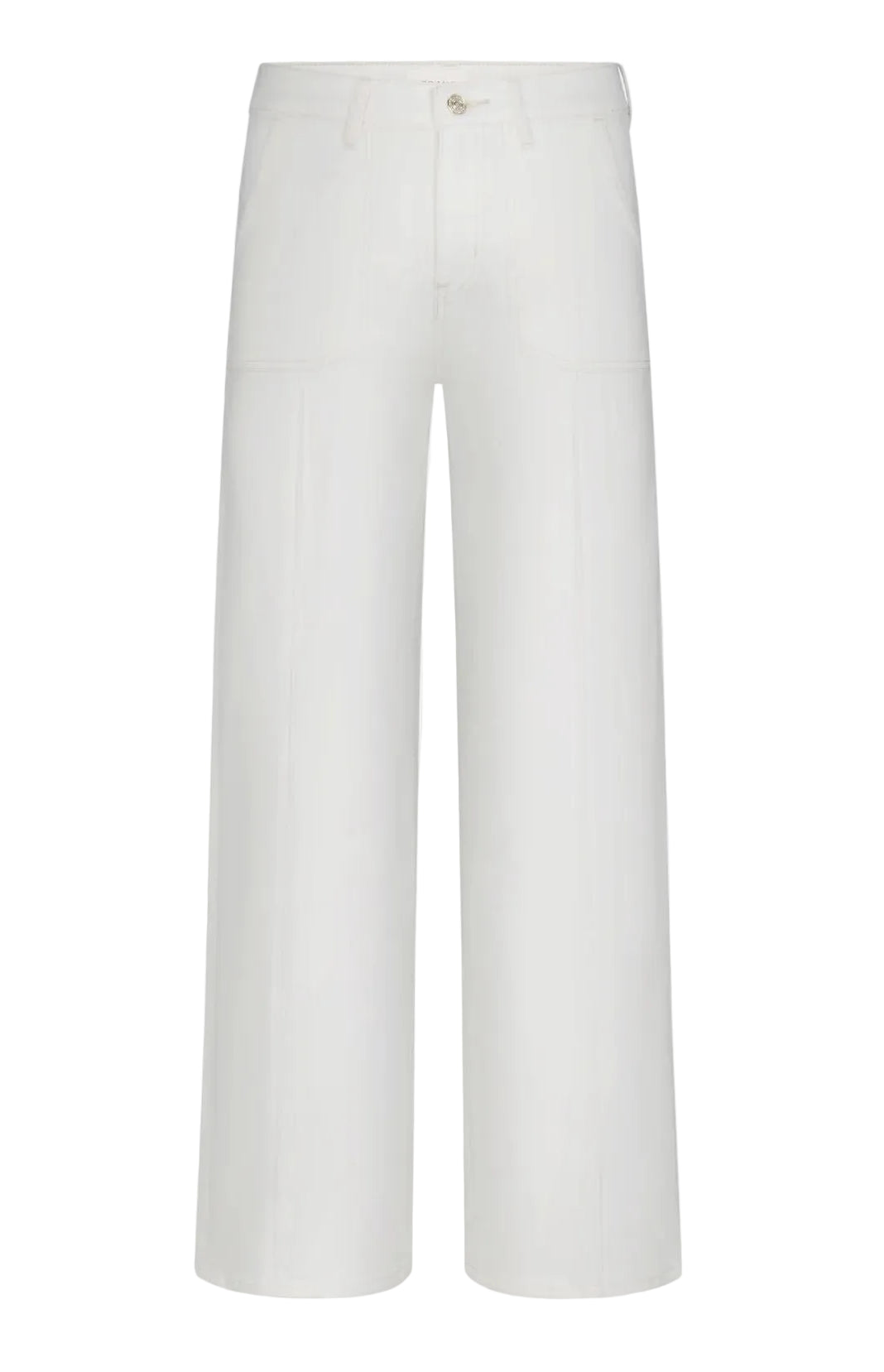 Le Slim Palazzo Pintuck Pocket pants by Frame, shown against a plain background, are white high-rise wide-leg cropped trousers featuring front seams, a button and zip closure, and two utility-inspired side pockets.