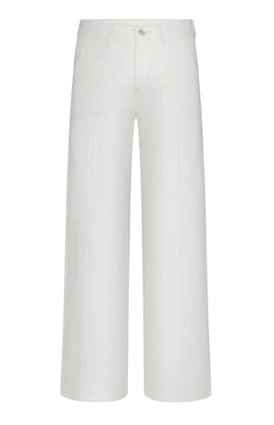 Le Slim Palazzo Pintuck Pocket pants by Frame, shown against a plain background, are white high-rise wide-leg cropped trousers featuring front seams, a button and zip closure, and two utility-inspired side pockets.