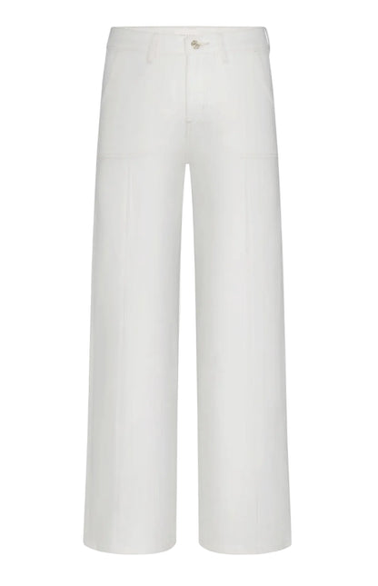 Le Slim Palazzo Pintuck Pocket pants by Frame, shown against a plain background, are white high-rise wide-leg cropped trousers featuring front seams, a button and zip closure, and two utility-inspired side pockets.