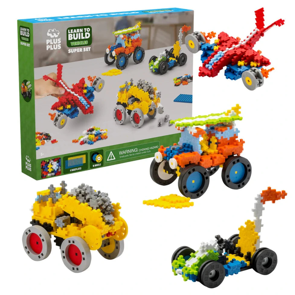 The Plus Plus GO! Learn To Build Vehicles - Super Set features interlocking building blocks with colorful vehicle and plane models on the packaging, making it a fun STEM toy for creative play and inspiring young minds.