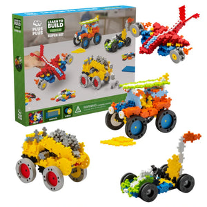 The Plus Plus GO! Learn To Build Vehicles - Super Set features interlocking building blocks with colorful vehicle and plane models on the packaging, making it a fun STEM toy for creative play and inspiring young minds.
