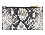 The Anine Bing Lucy Card Holder features a rectangular zippered design with a black and white python print, gold-tone zipper, and compact size; the brand name appears subtly near the top.