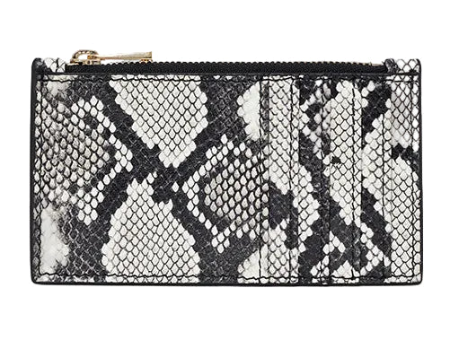 The Anine Bing Lucy Card Holder is a rectangular zippered wallet featuring a black and white python print, displayed against a white background.