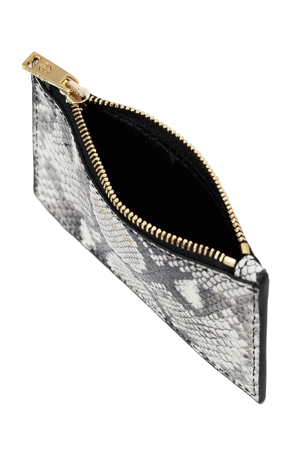 The Anine Bing Lucy Card Holder is a compact zippered pouch with a black and white snakeskin pattern and gold zipper, shown partially open and empty.