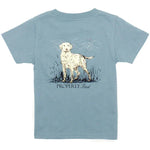 Properly Tied Boys Labrador SS Tee showcases a delightful illustration of a white dog standing in grass, with "PROPERLY Tied" written beneath it. This classic design seamlessly blends style and comfort, making it a must-have addition to any wardrobe.