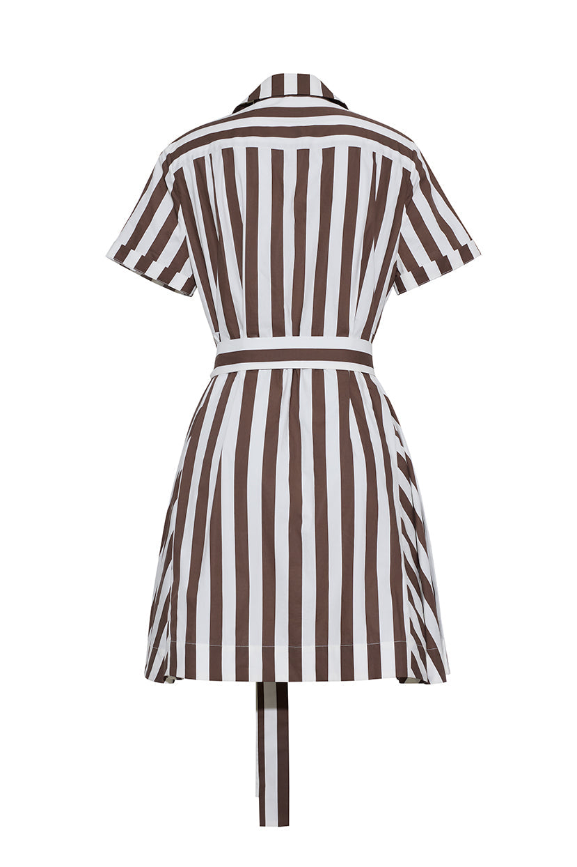 Back view of the Lagos Dress by Cara Cara, a mini shirt dress with a collared neckline, short sleeves, vertical brown and white stripes, belted waist, and short hemline.
