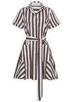 The Cara Cara Lagos Dress is a short-sleeve mini shirt dress with a collared neckline, brown and white vertical stripes, button-down front, two front pockets, and a matching waist tie belt.