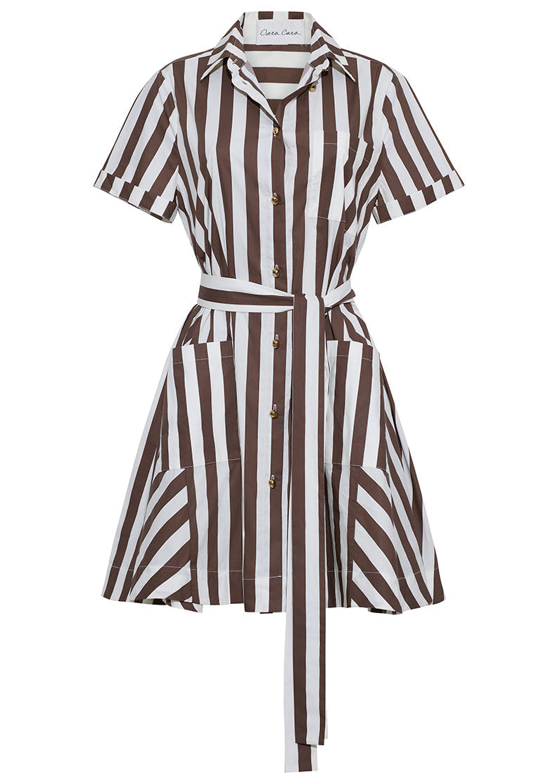 The Cara Cara Lagos Dress is a short-sleeve mini shirt dress with a collared neckline, brown and white vertical stripes, button-down front, two front pockets, and a matching waist tie belt.