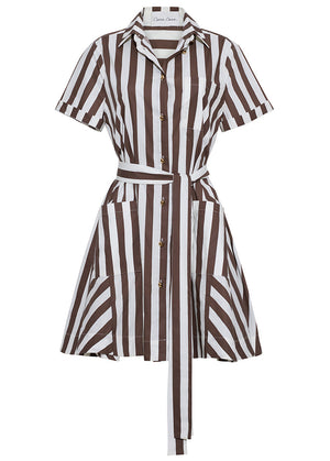 The Cara Cara Lagos Dress is a short-sleeve mini shirt dress with a collared neckline, brown and white vertical stripes, button-down front, two front pockets, and a matching waist tie belt.