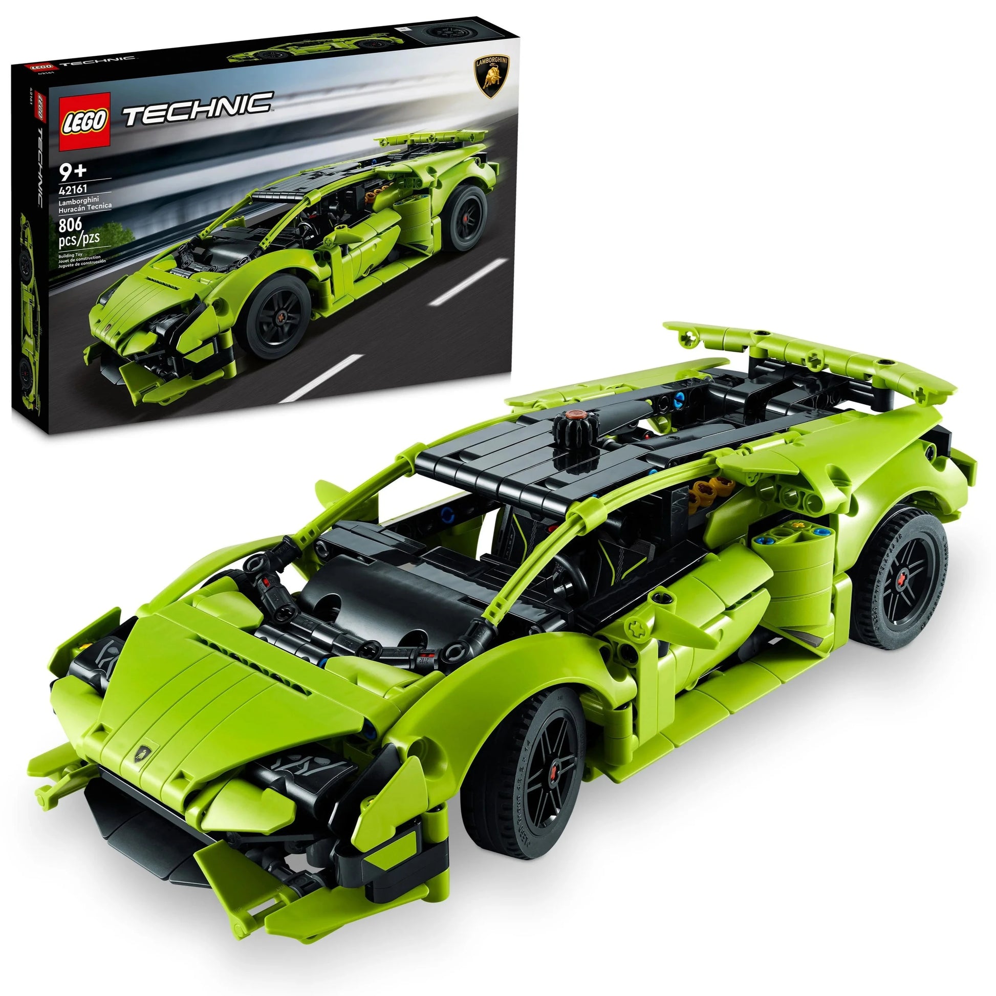 The LEGO® Lamborghini Huracan Tecnica model car set in green, with 369 pieces, is perfect for ages 9+ and ideal for fans of the iconic Lamborghini.