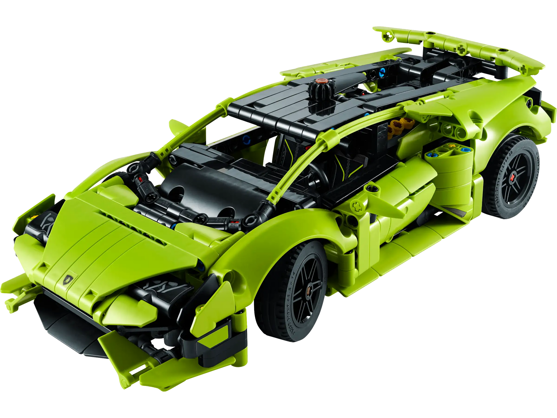 The LEGO® Lamborghini Huracan Tecnica is a detailed green LEGO® model kit with black accents, featuring realistic wheels, headlights, and aerodynamic design elements inspired by the iconic sports car.