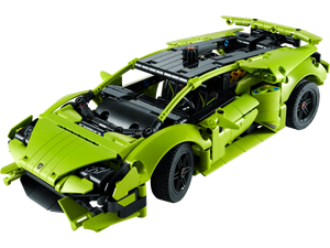 The LEGO® Lamborghini Huracan Tecnica is a detailed green LEGO® model kit with black accents, featuring realistic wheels, headlights, and aerodynamic design elements inspired by the iconic sports car.