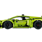 Side view of the LEGO® Lamborghini Huracan Tecnica model kit in lime green with black wheels and detailed features, inspired by the Lamborghini Huracán Tecnica, shown on a white background.
