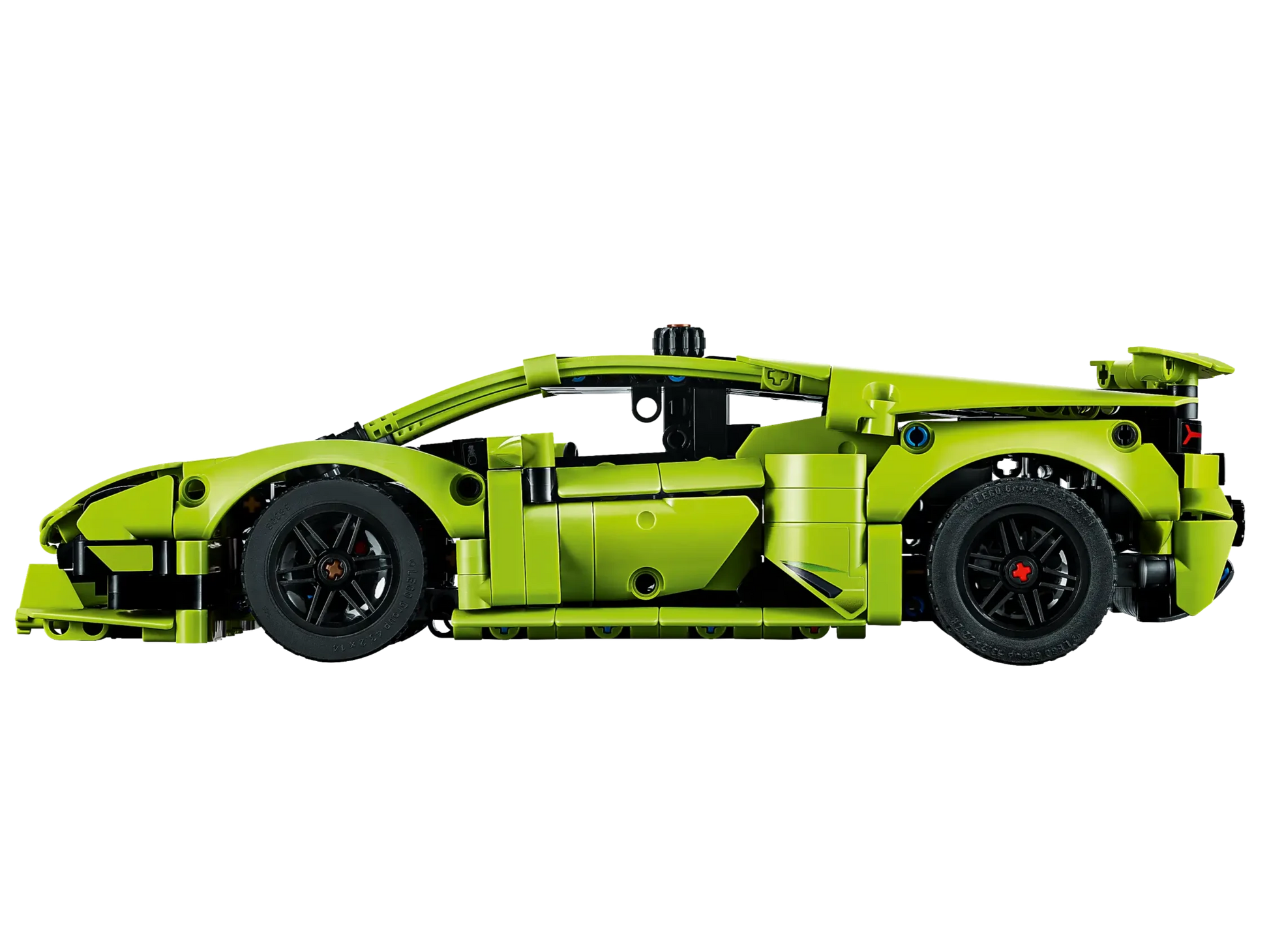 Side view of the LEGO® Lamborghini Huracan Tecnica model kit in lime green with black wheels and detailed features, inspired by the Lamborghini Huracán Tecnica, shown on a white background.