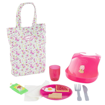 The Corolle Large Mealtime Set includes a floral bag, pink bib, plastic utensils, and a plate with pretend food. Ideal for your Corolle baby doll, it also comes with a cup, napkin, and bottle for endless nurturing enjoyment.