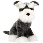 A plush toy from Jellycat, the Lawrence Schnauzer, features gray and white fur and sits upright, resembling a feisty Schnauzer breed.