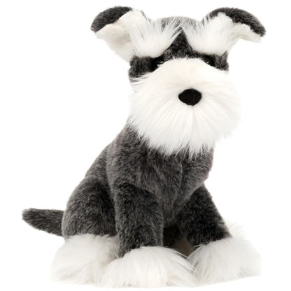 A plush toy from Jellycat, the Lawrence Schnauzer, features gray and white fur and sits upright, resembling a feisty Schnauzer breed.