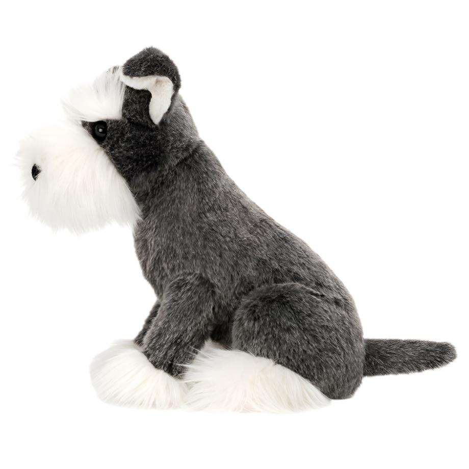 Introducing Jellycat's Lawrence Schnauzer – a plush toy dog resembling a feisty pup with gray fur, white paws, and a white face, sitting on its hind legs.