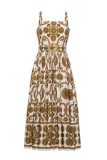 The Lee Midi Dress by Cara Cara is a sleeveless white fit and flare midi with a square neckline, gold floral and geometric print, removable waist belt, and pleated skirt.
