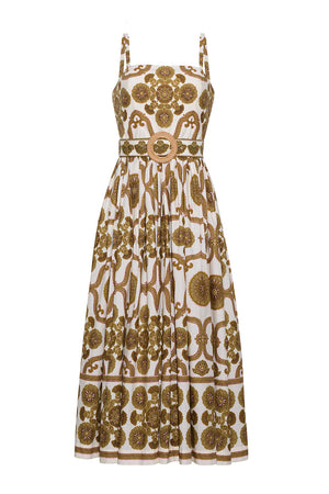 The Lee Midi Dress by Cara Cara is a sleeveless white fit and flare midi with a square neckline, gold floral and geometric print, removable waist belt, and pleated skirt.