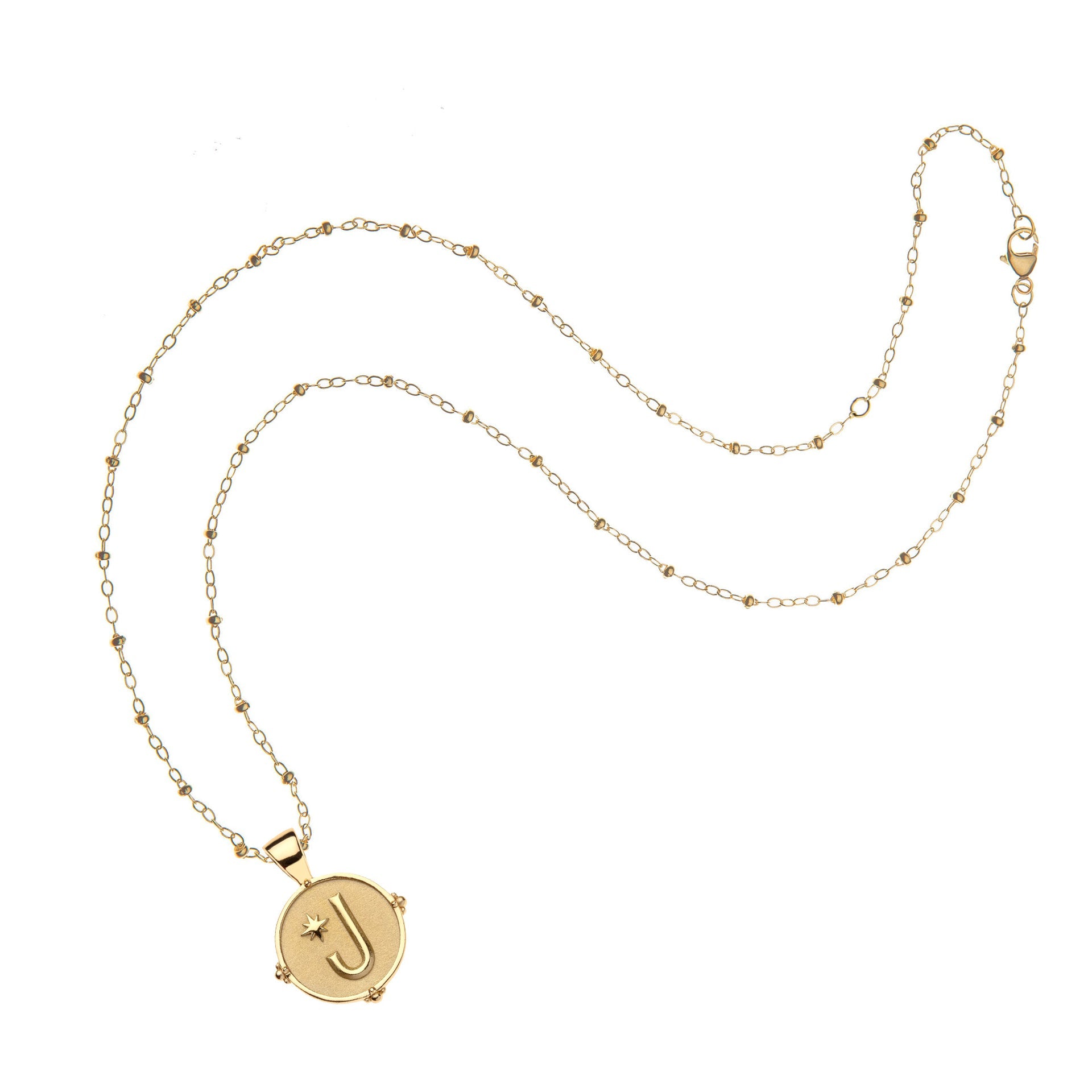 The Jane Win Letter Pendant Satellite Necklace Collection features a gold beaded chain with a 14k gold personalized letter "J" pendant and star detail, shown on a white background.