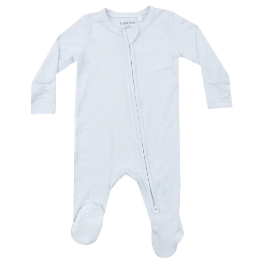 Angel Dear's Light Blue Stripe 2-Way Zip Footie is made from bamboo fiber fabric, featuring long sleeves and a front zipper. It comes with convenient fold-over cuffs for added comfort.