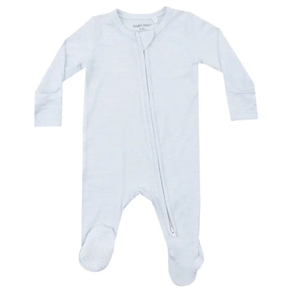 Angel Dear's Light Blue Stripe 2-Way Zip Footie is made from bamboo fiber fabric, featuring long sleeves and a front zipper. It comes with convenient fold-over cuffs for added comfort.