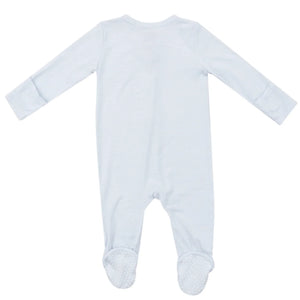 Light blue striped baby onesie by Angel Dear, crafted from soft bamboo fiber fabric, featuring long sleeves and footed bottoms with fold-over cuffs, viewed from the back.