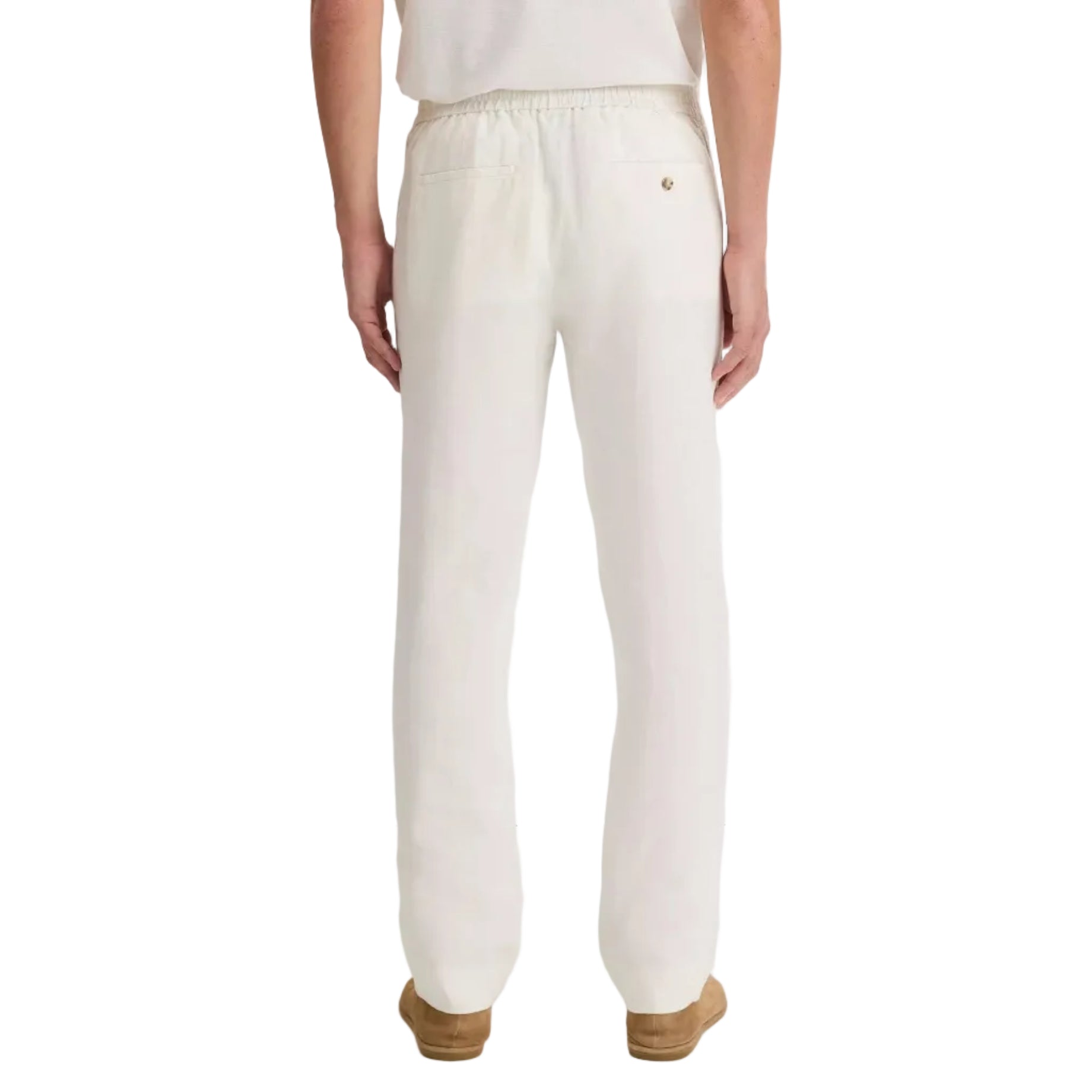 A person wearing Vince Patch Pocket Drawstring Pant, loose-fitting and breathable with an elastic waistband, viewed from behind. These white hemp pants have a single patch pocket on the right side.