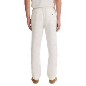 A person wearing Vince Patch Pocket Drawstring Pant, loose-fitting and breathable with an elastic waistband, viewed from behind. These white hemp pants have a single patch pocket on the right side.