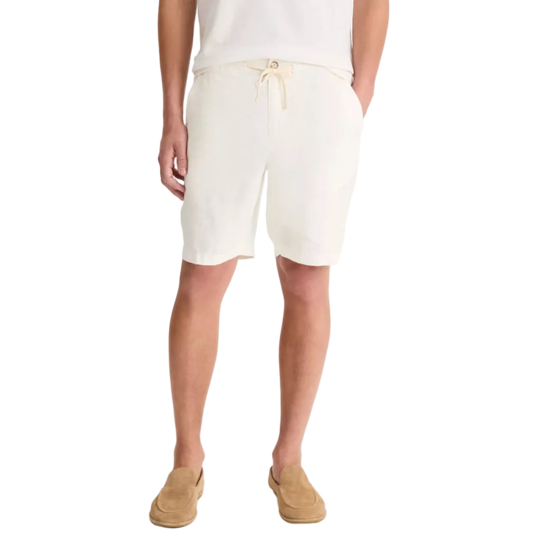 A person wears a white t-shirt, tan loafers, and vince Patch Pocket Drawstring Short—cream, breathable with a drawstring waist—standing hands-in-pockets against a white background.