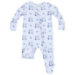 The Angel Dear Baby Boys' 2-Way Zipper Footie is light blue with a blue star and gray "hello" print, shown laid flat on a white background.