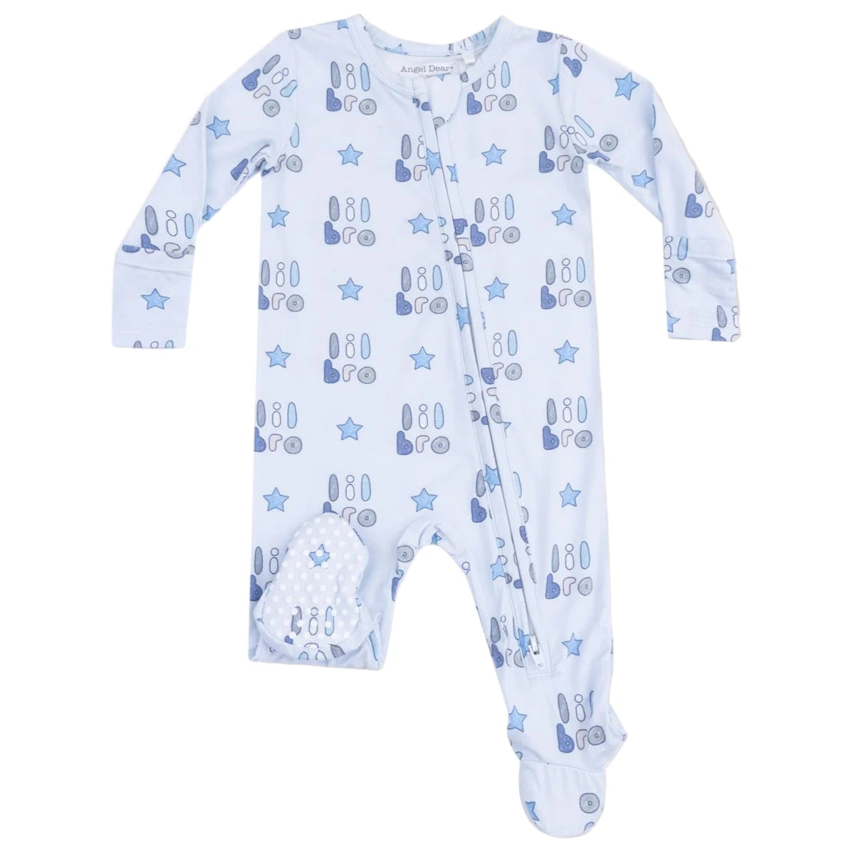 The Angel Dear Baby Boys' 2-Way Zipper Footie is light blue with a blue star and gray "hello" print, shown laid flat on a white background.