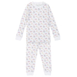 The Lila & Hayes Baby Boys' and Boys' Grayson Pajama Set features long sleeves and pants in soft Peruvian Cotton, with an elastic waistband and a white background adorned with colorful boats and stars.