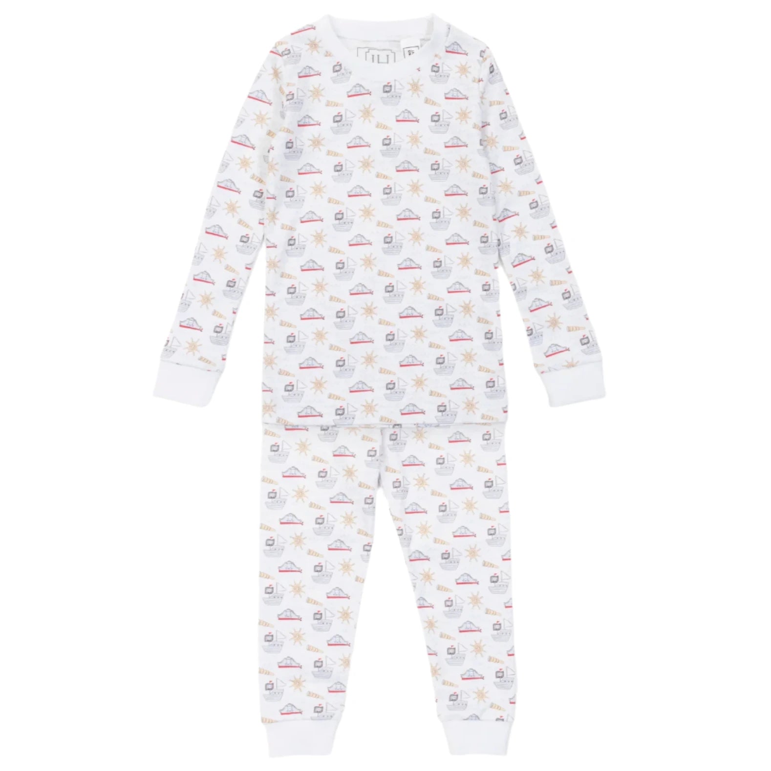 The Lila & Hayes Baby Boys' and Boys' Grayson Pajama Set features long sleeves and pants in soft Peruvian Cotton, with an elastic waistband and a white background adorned with colorful boats and stars.