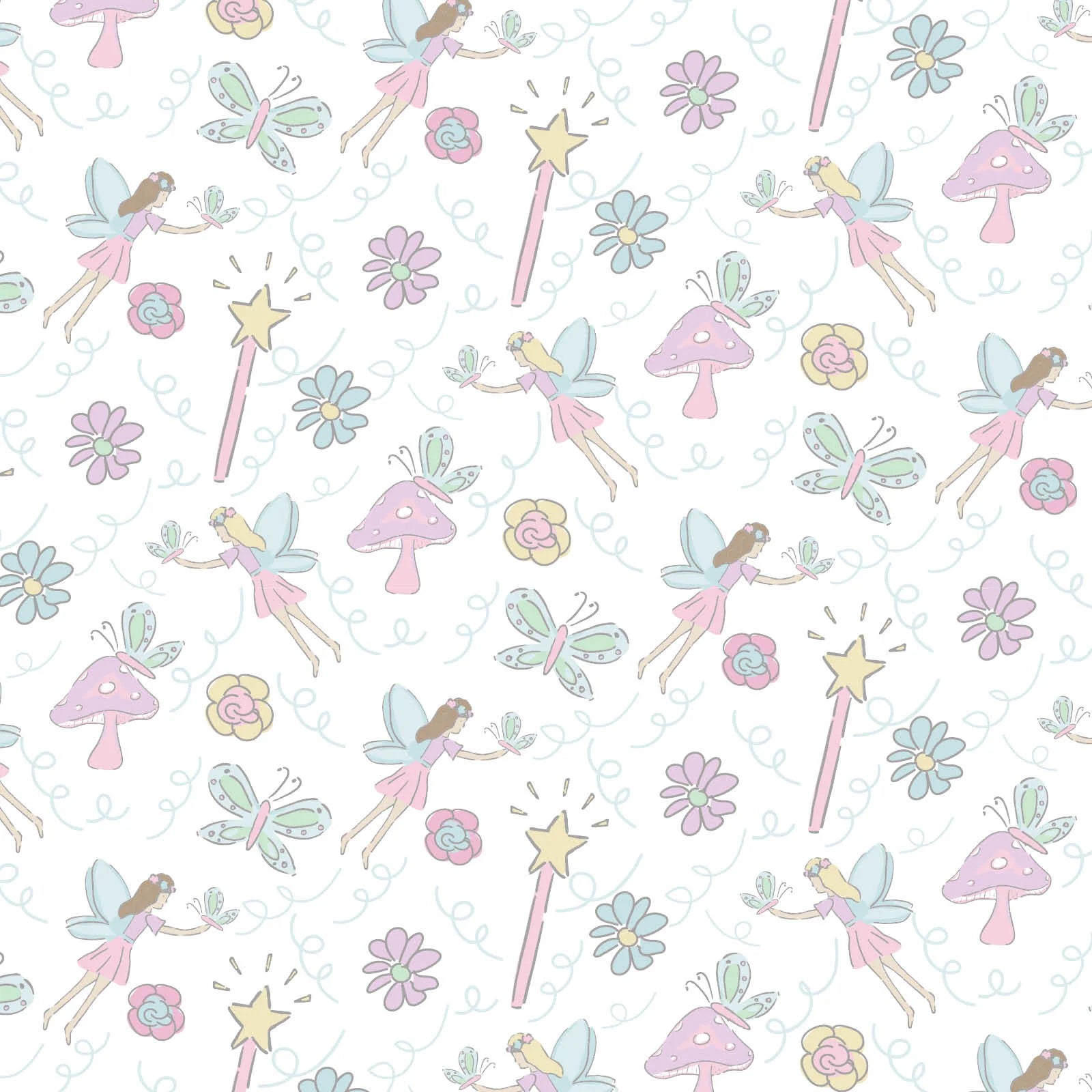 A seamless pastel fairy, wand, butterfly, flower, and mushroom pattern on white—perfect for the Lila & Hayes Baby Girls' and Girls' Ava Pajama Set in soft Pima cotton with a snug fit.