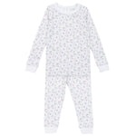 The Lila & Hayes Baby Girls' and Girls' Ava Pajama Set is crafted from ultra-soft Peruvian cotton with a snug fit and features a white base adorned with a cheerful multicolored floral print.