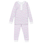 The Lila & Hayes Girls' Alden Pajama Set features a long-sleeve top and pants in ultra-soft Pima cotton, adorned with a light pink and purple cat print on white.