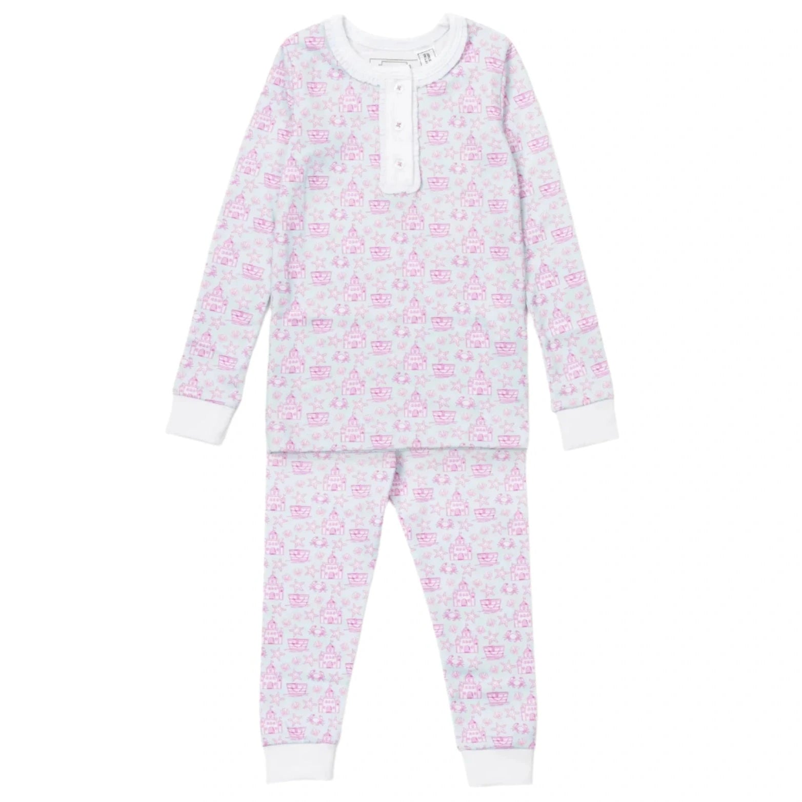 The Lila & Hayes Girls' Alden Pajama Set features a long-sleeve top and pants in ultra-soft Pima cotton, adorned with a light pink and purple cat print on white.