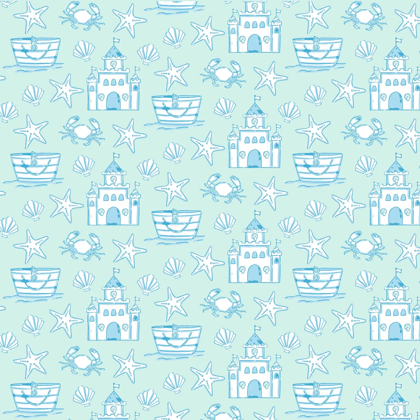 The Boys' Jack Pajama Set by Lila & Hayes features a seamless pattern of blue sandcastles, boats, crabs, starfish, shells, and waves on light blue Pima cotton—perfect for cozy long-sleeved comfort.
