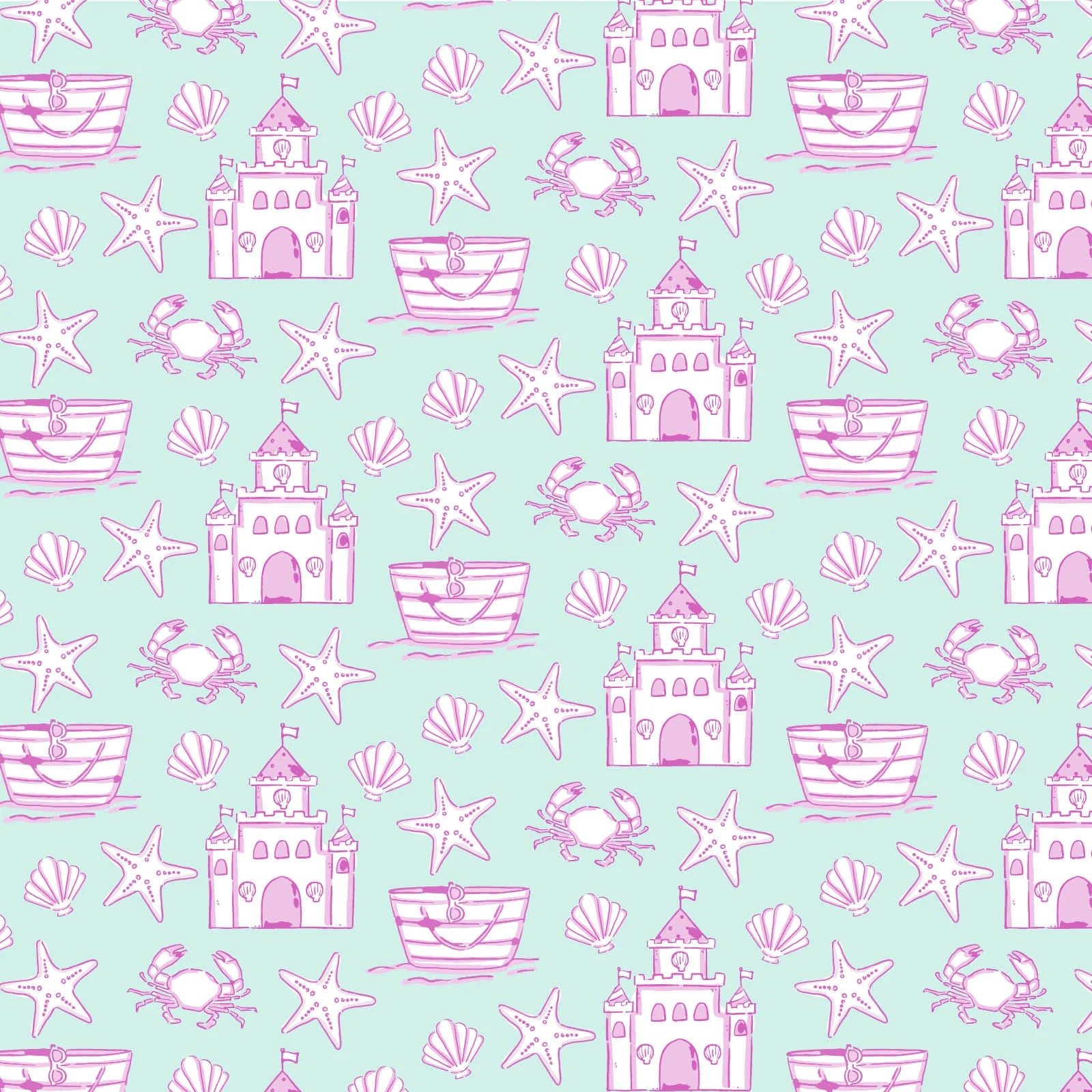 The Girls' Alden Pajama Set by Lila & Hayes features a seamless pattern of pink sandcastles, starfish, seashells, crabs, lifebuoys, and striped buckets on light blue—perfect for cozy sleepwear.
