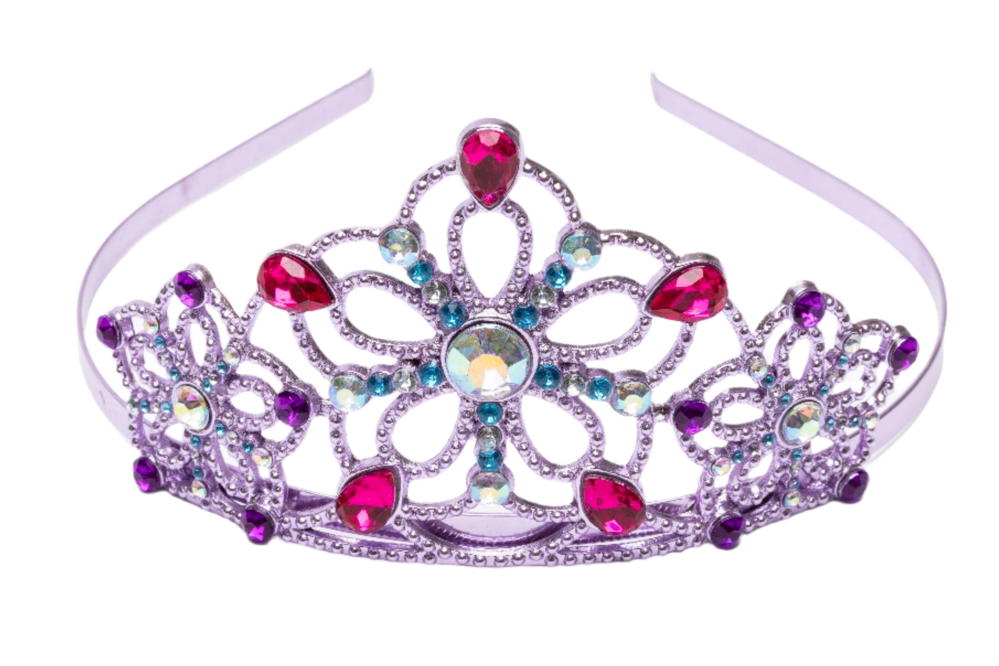 The Bejeweled Tiara Lilac by Great Pretenders is a purple plastic tiara decorated with pink, purple, and blue faux gems—perfect for a princess costume. Displayed on a white background.