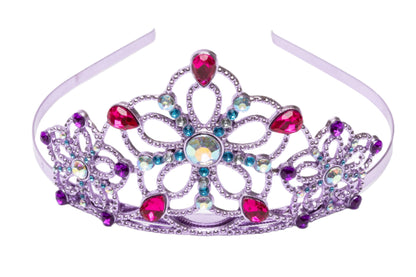 The Bejeweled Tiara Lilac by Great Pretenders is a purple plastic tiara decorated with pink, purple, and blue faux gems—perfect for a princess costume. Displayed on a white background.