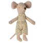 The Maileg Little Brother, Mouse in Matchbox by Maileg, dressed in a polka-dotted shirt and shorts, makes the perfect play toy and even fits snugly into a charming matchbox bed.