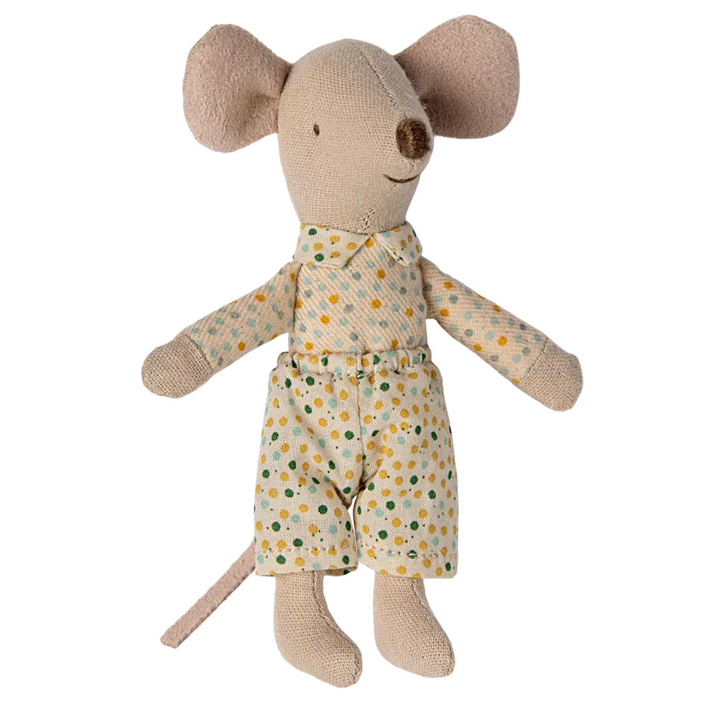 The Maileg Little Brother, Mouse in Matchbox by Maileg, dressed in a polka-dotted shirt and shorts, makes the perfect play toy and even fits snugly into a charming matchbox bed.