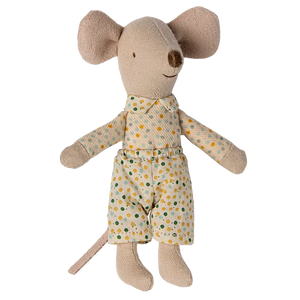 The Maileg Little Brother, Mouse in Matchbox by Maileg, dressed in a polka-dotted shirt and shorts, makes the perfect play toy and even fits snugly into a charming matchbox bed.