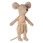 The Maileg Little Sister, Mouse in Matchbox by Maileg is crafted from soft fabrics and wears a charming patterned dress with a pink bow. Featuring large round ears and a long thin tail, this adorable mouse doll is perfect for imaginative play. Complete the set with her cozy matchbox bed for added fun.