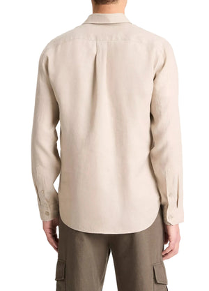A person wearing the vince Linen Longsleeve Shirt and brown cargo pants—essentials for breathable comfort—is shown from the back against a plain white background.