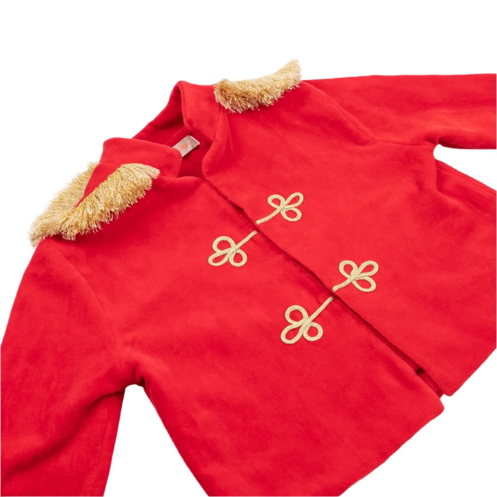 The Meri Meri Little Drummer Costume by Meri Meri is a luxurious Christmas outfit featuring a red velvet jacket with gold decorative buttons and fringe on the shoulders, perfect for imaginative play.