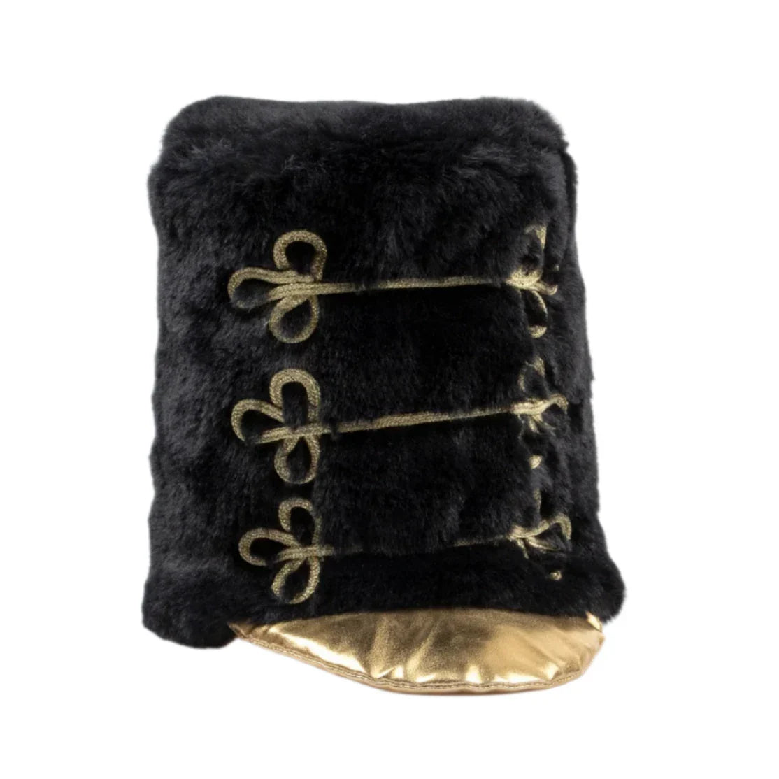 The Meri Meri Little Drummer Costume features a black faux fur muff adorned with gold cord embellishments and a luxurious metallic gold interior flap, making it the perfect accessory for adding a touch of opulence to any Christmas costume or imaginative play session.